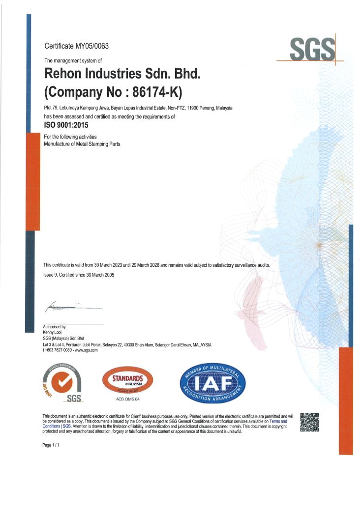 Rehon Industries ISO 9001 Certified Rehon Industries ISO 9001 Certified